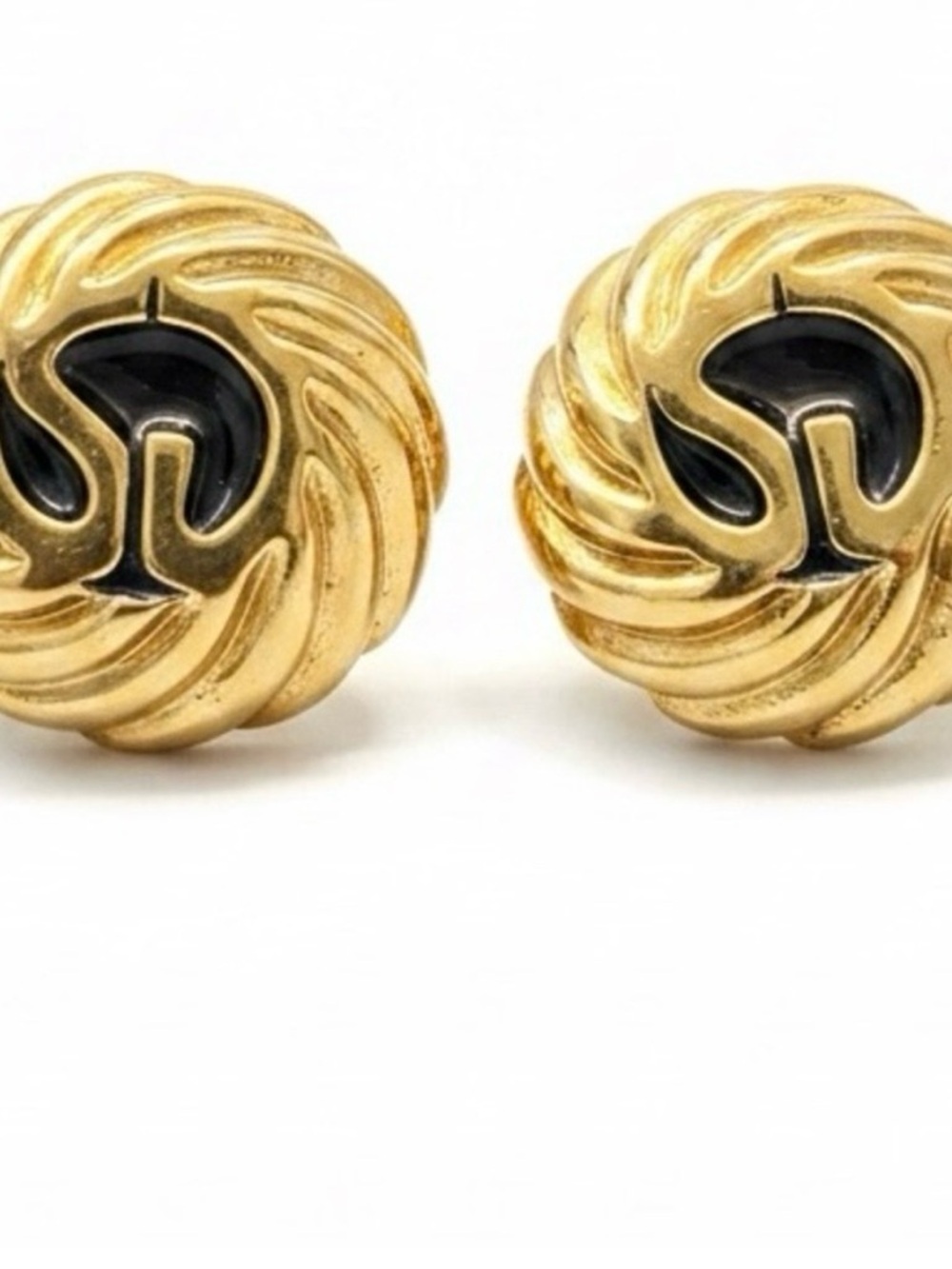 St. John Gold and Black Swirl Clip Earrings Vintage